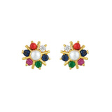 Pearl Bead and Coloured CZ Gems Stud Earrings