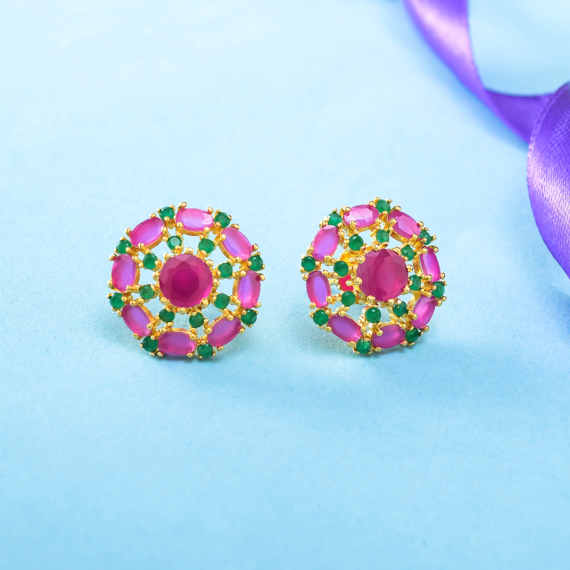 Green and Pink Zirconia Gemstones Round Stud Earrings