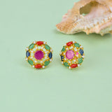 Pearl Beaded Pink and Green CZ Stud Earrings