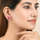 Pearl Beaded Pink Zirconia Gemstones Stud Earrings
