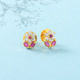 Pearl Beads Pink CZ Gems Floral Earrings