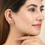 Coloured Zircon Gems and White Pearl Beads Stud Earrings