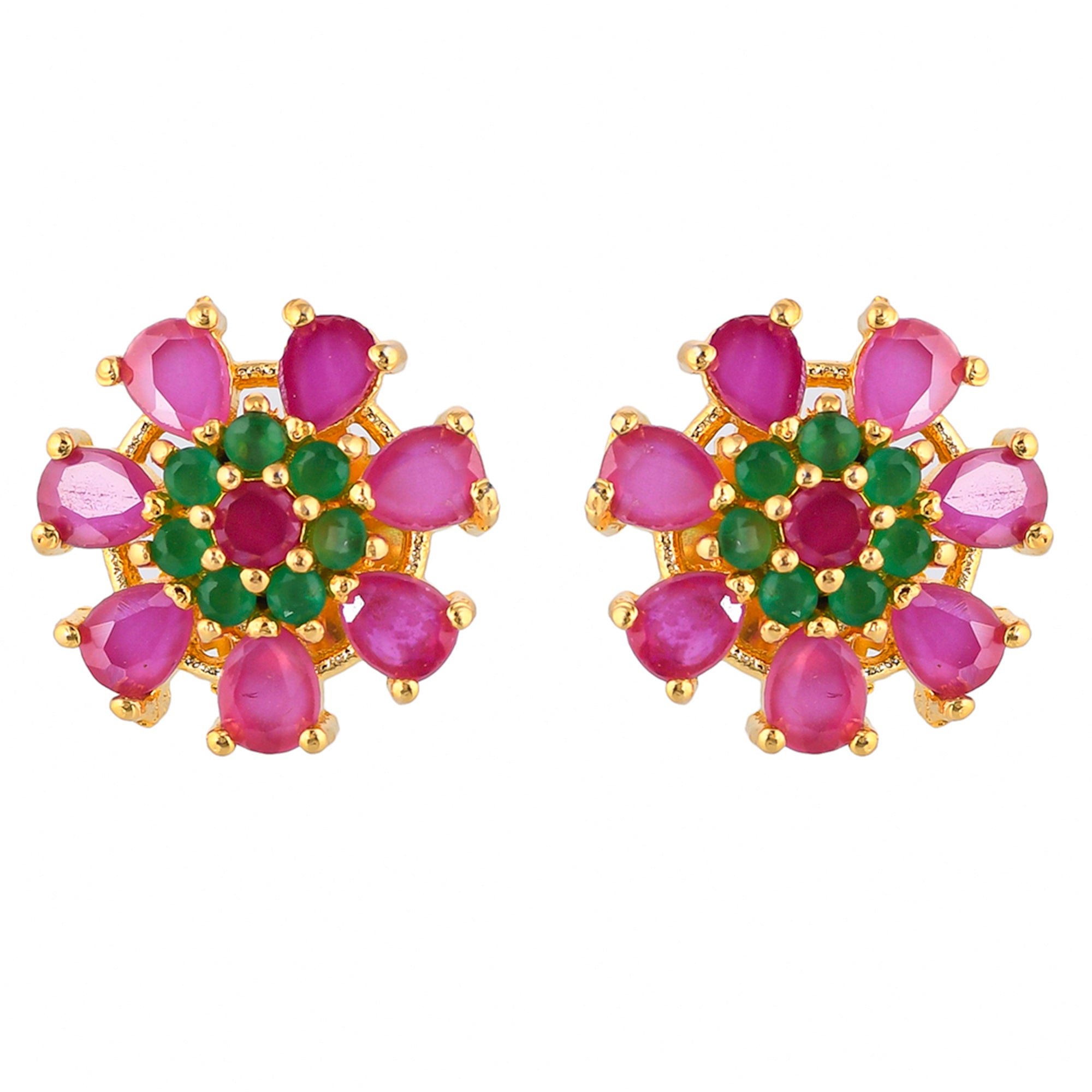 Tiny Pink and Green CZ Gems Stud Earrings