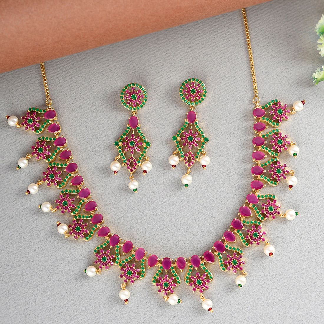 Sparkling Elegance Green and Pink CZ Pearl Beaded Jewellery Set