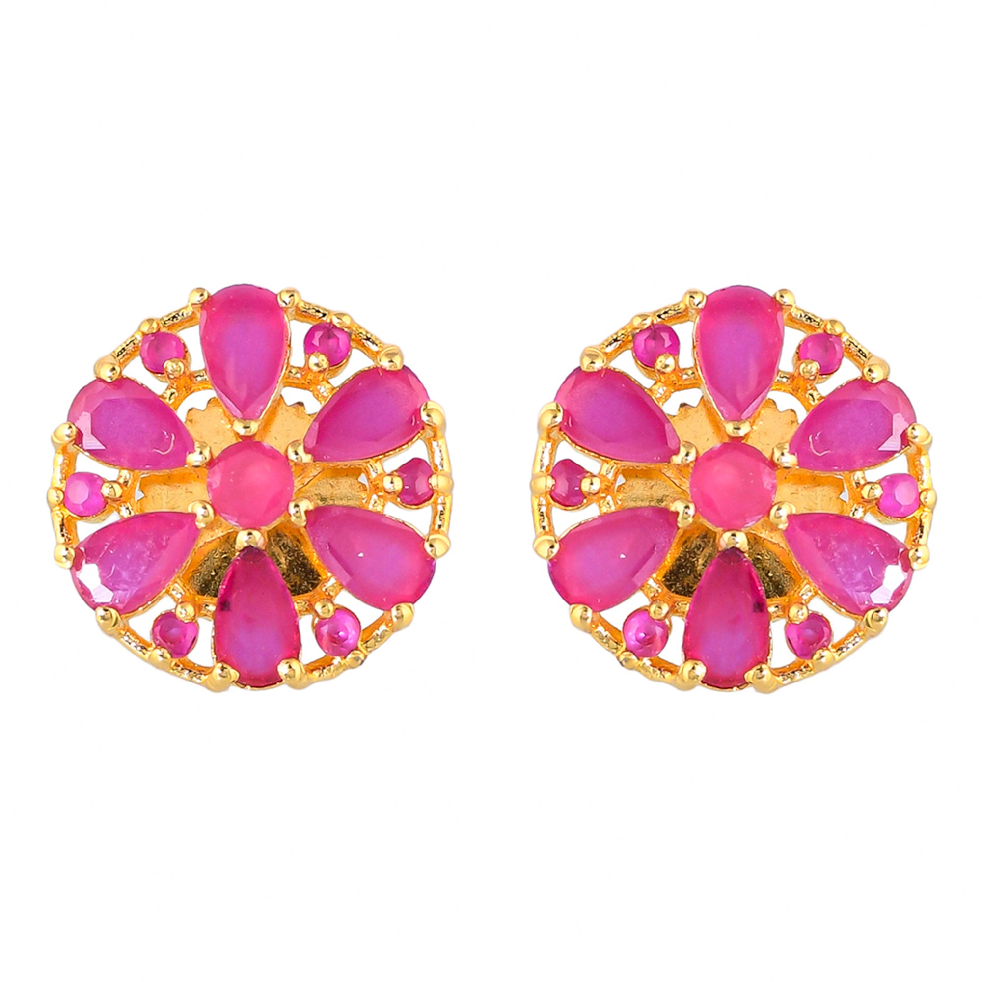 Gold Plated Teardrop and Round Cut Pink CZ Stud Earrings