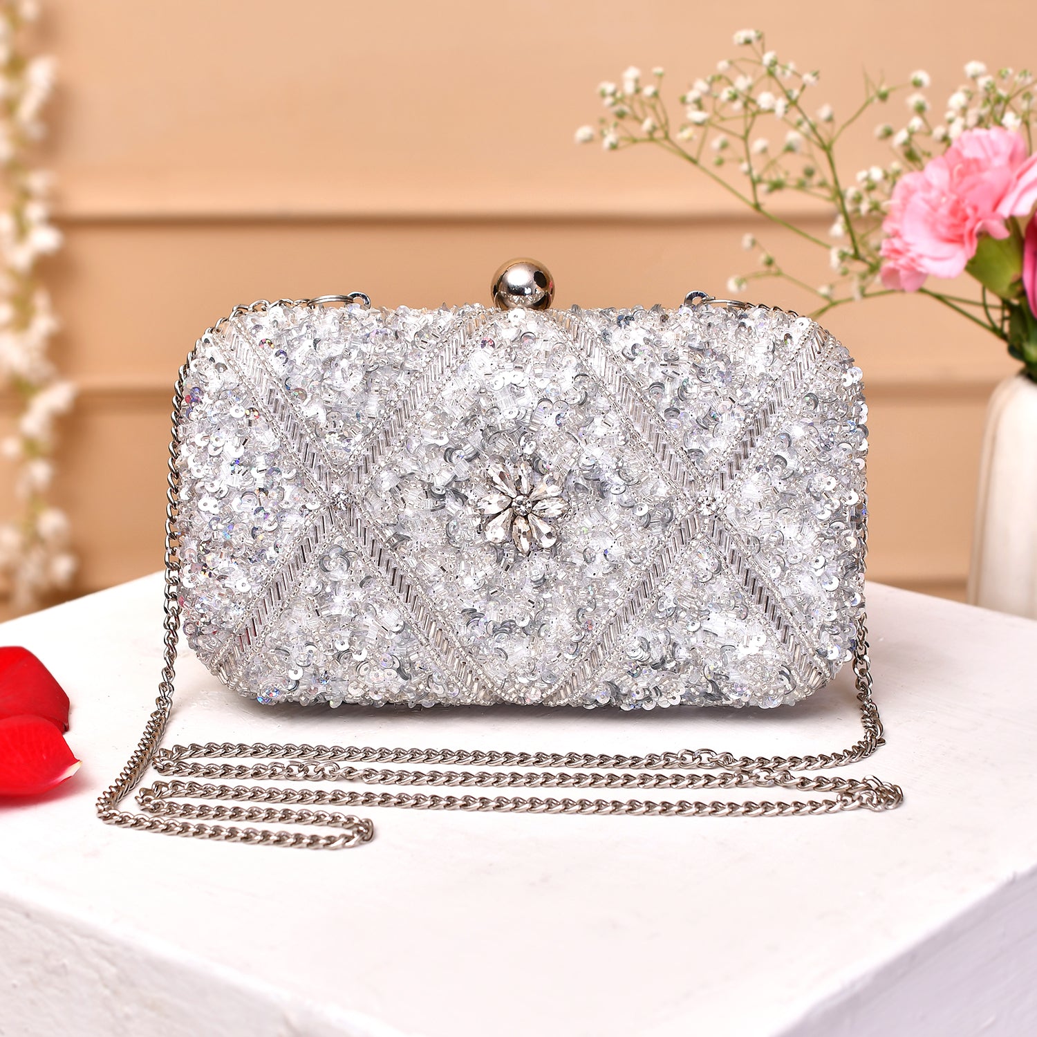 Trendy Bags Silver Sequins Studded Clutch