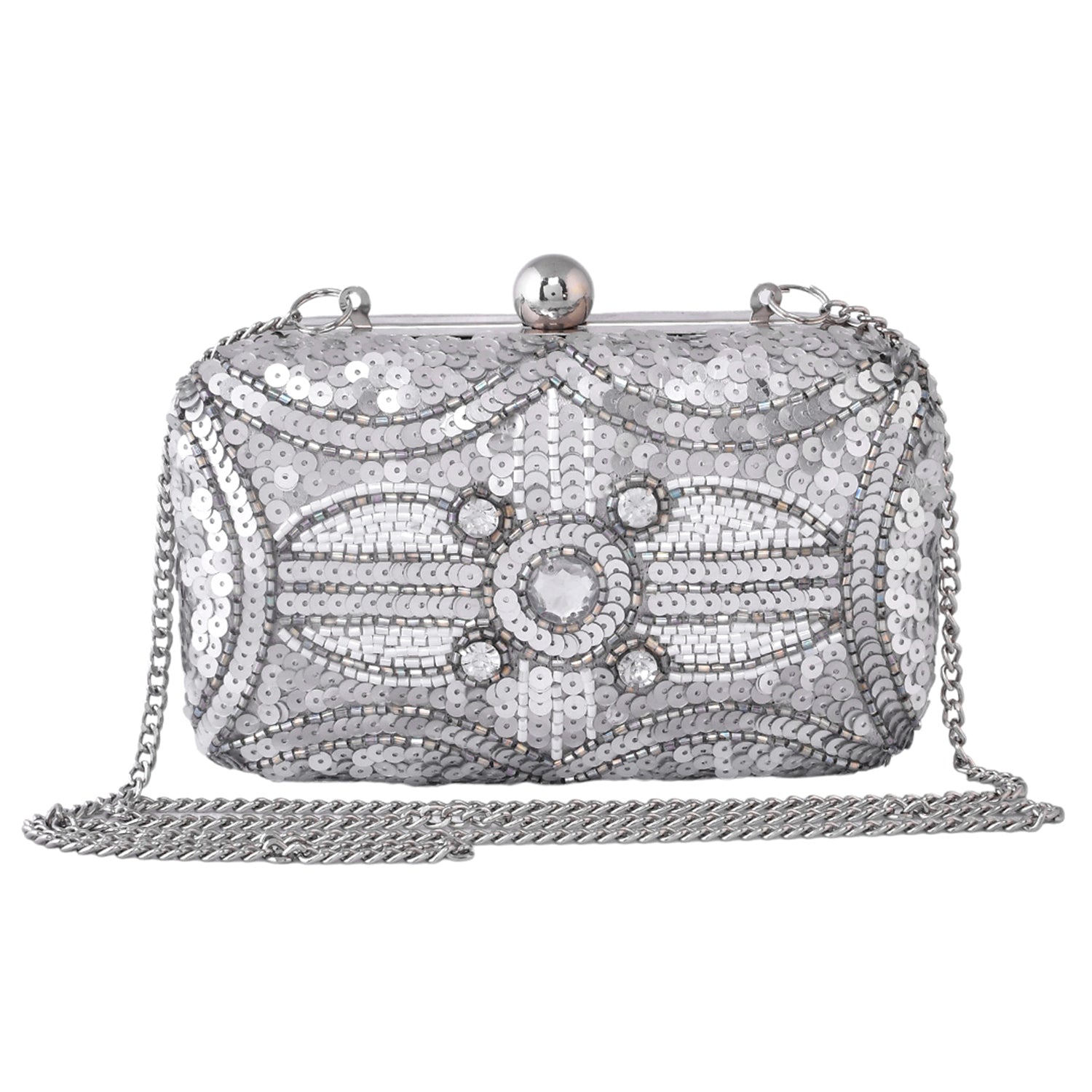 Trendy Bags Silver Sequins and Gems Clutch