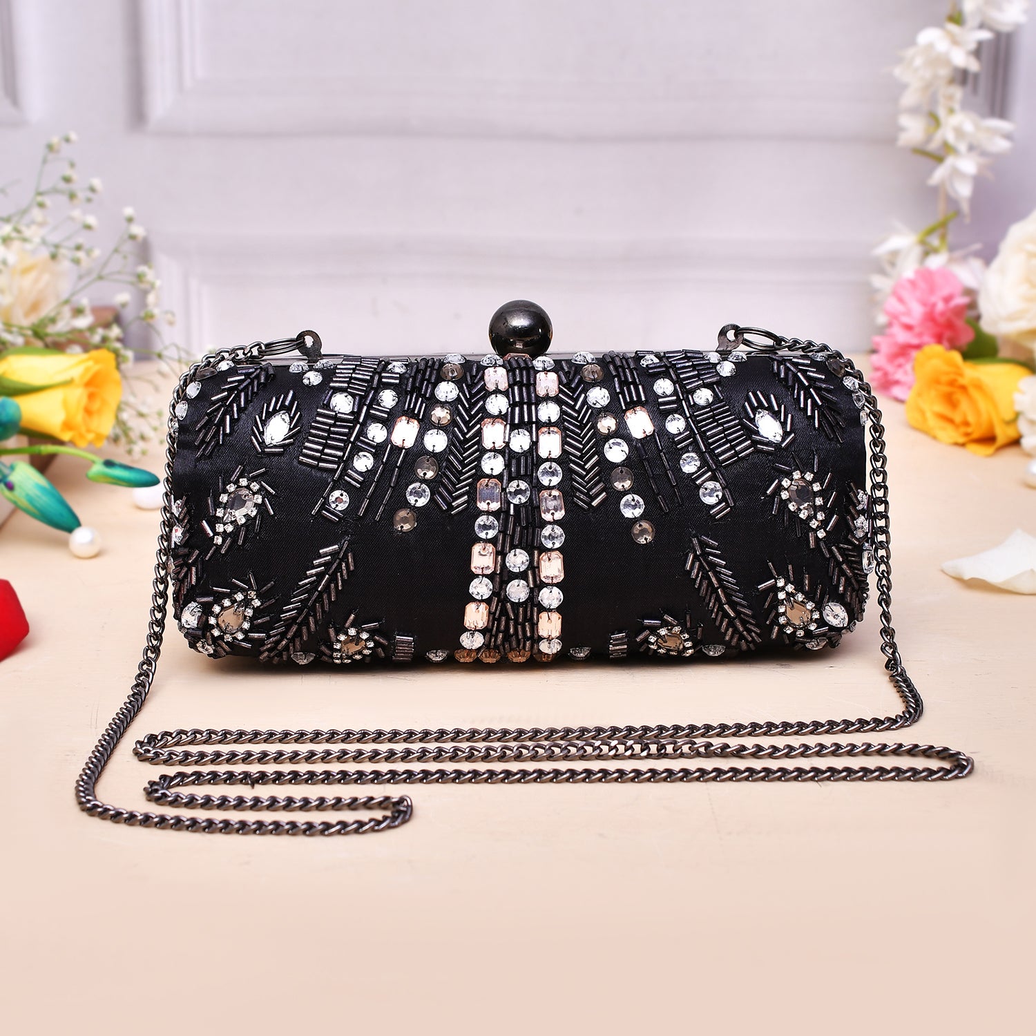 Trendy Bags Black Stones Embellished Clutch - Main Image