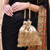 Trendy Bags Golden Beads Embellished Tasseled Potli