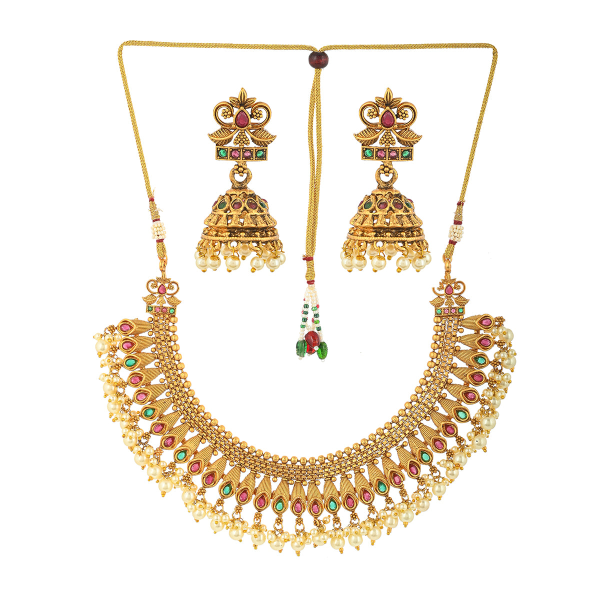 Zircon Gems and Faux Pearls Opulent Yellow Gold Plated Brass Jewellery Set