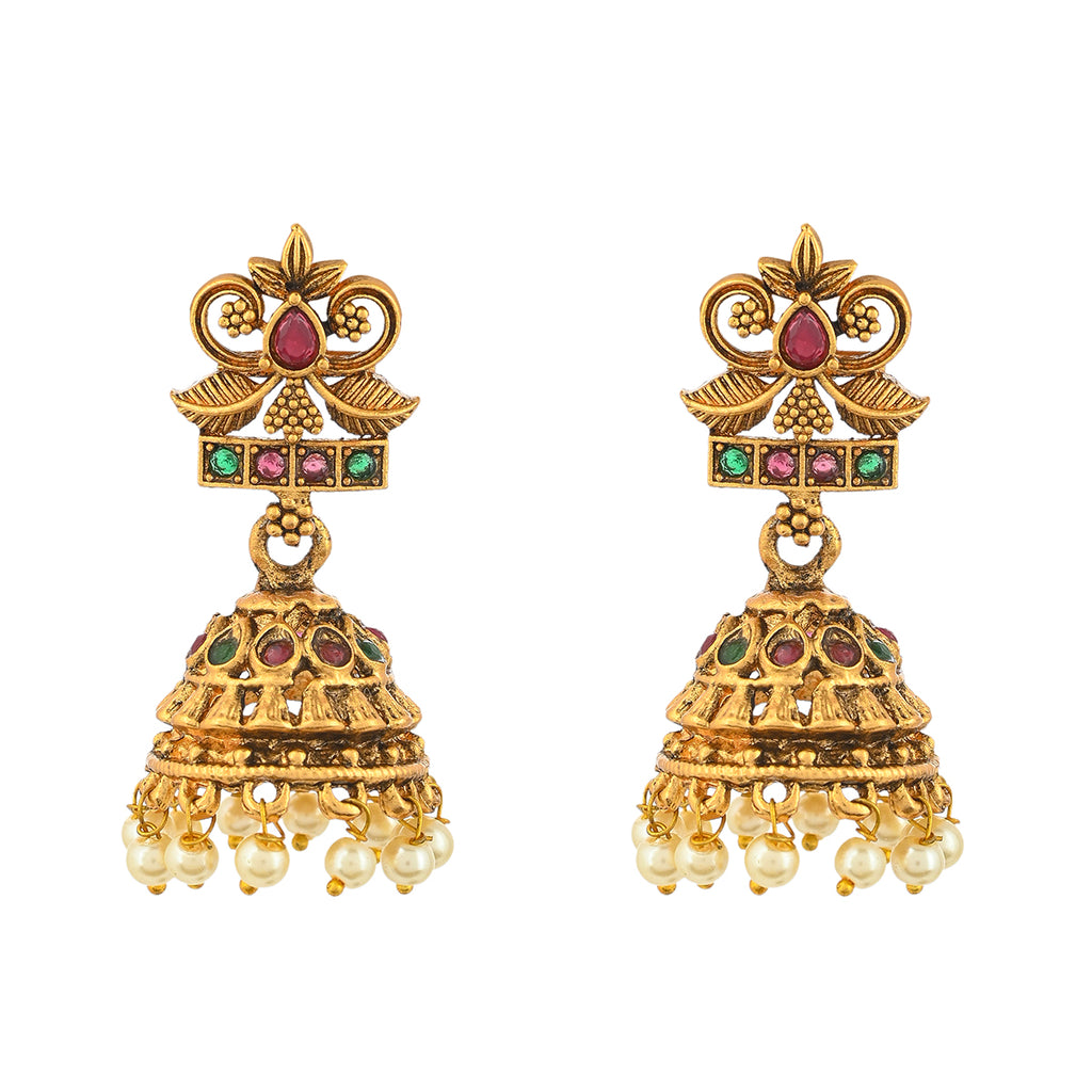 Zircon Gems and Faux Pearls Opulent Yellow Gold Plated Brass Jewellery