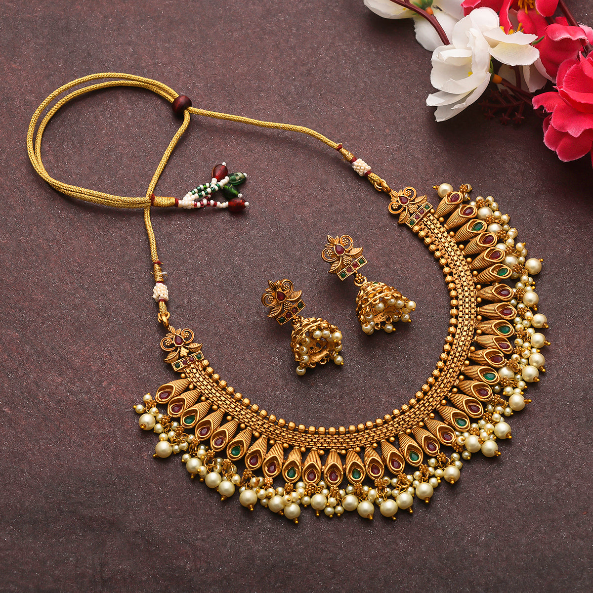 Zircon Gems and Faux Pearls Opulent Yellow Gold Plated Brass Jewellery Set