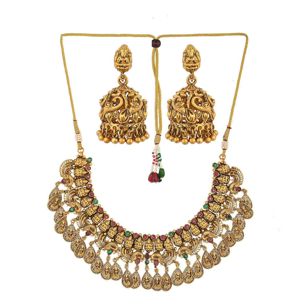 Zircons Adorned Yellow Gold Plated Brass Temple Jewellery Set
