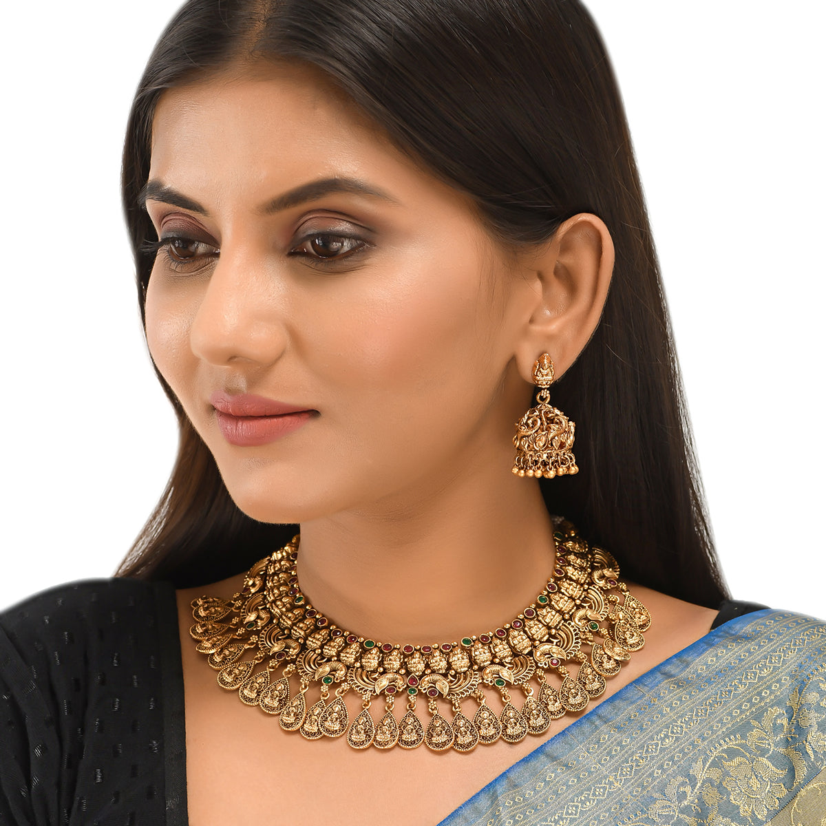 Zircons Adorned Yellow Gold Plated Brass Temple Jewellery Set