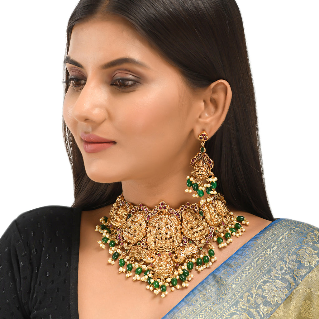 Divine Motifs Temple Design Brass Gold Toned Jewellery Set VOYLLA
