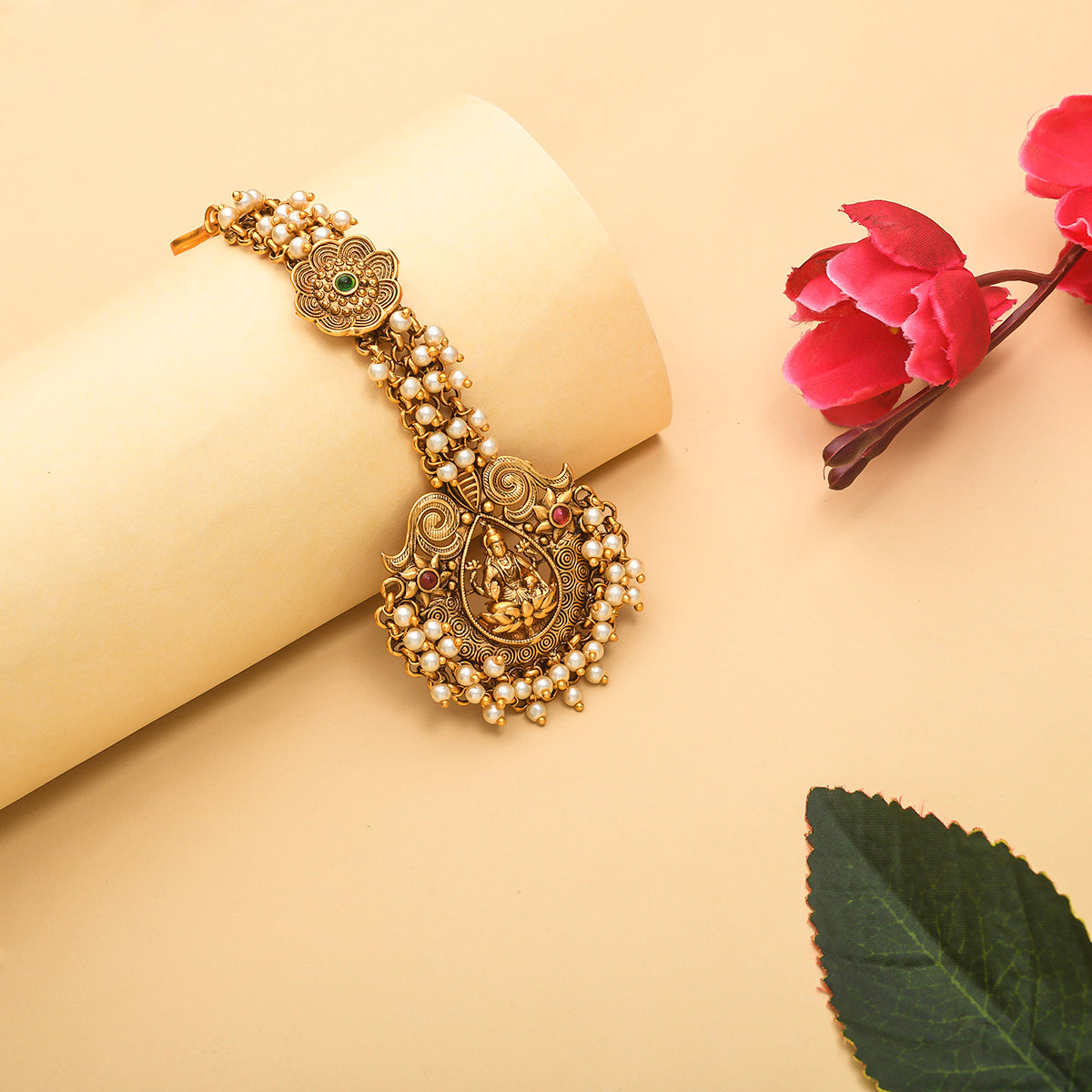 Goddess Lakshmi Motif Faux Pearls Brass Temple Maang Tika