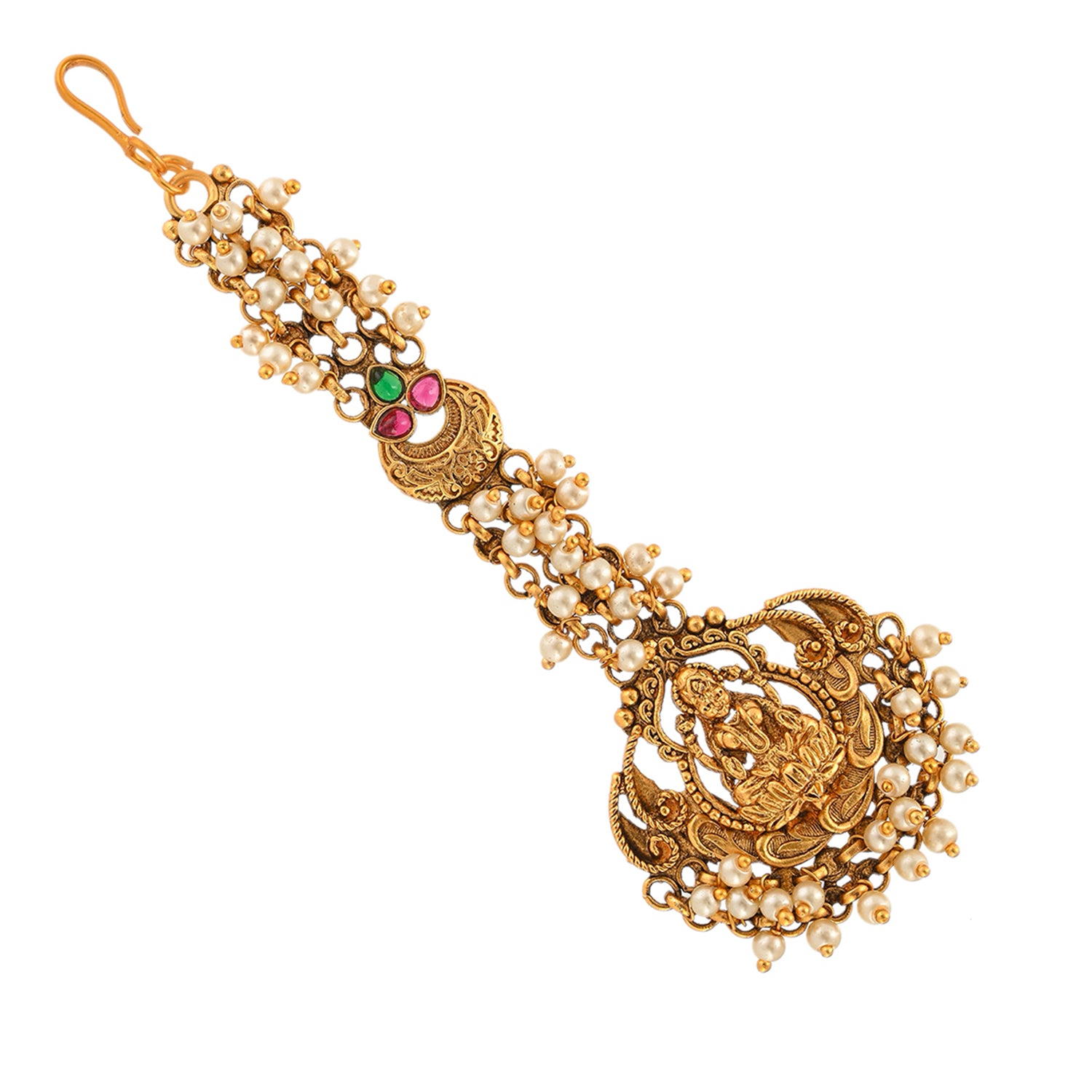 Goddess Lakshmi Faux Pearls Embellished Brass Gold Toned Maang Tika