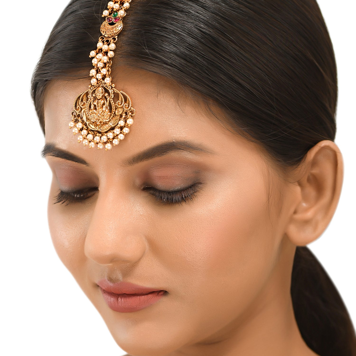 Goddess Lakshmi Faux Pearls Embellished Brass Gold Toned Maang Tika