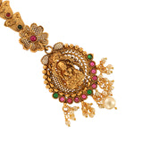 Lotus Motifs Goddess Lakshmi Brass Faux Pearls Gold Toned Maang Tika