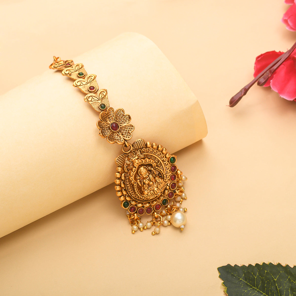 Lotus Motifs Goddess Lakshmi Brass Faux Pearls Gold Toned Maang Tika