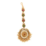 Floral Motifs Yellow Gold Plated CZ and Faux Pearls Brass Maang Tika