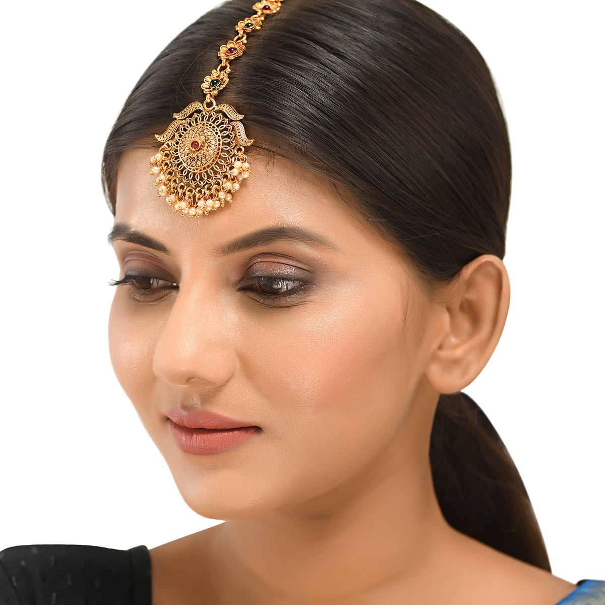 Floral Motifs Yellow Gold Plated CZ and Faux Pearls Brass Maang Tika