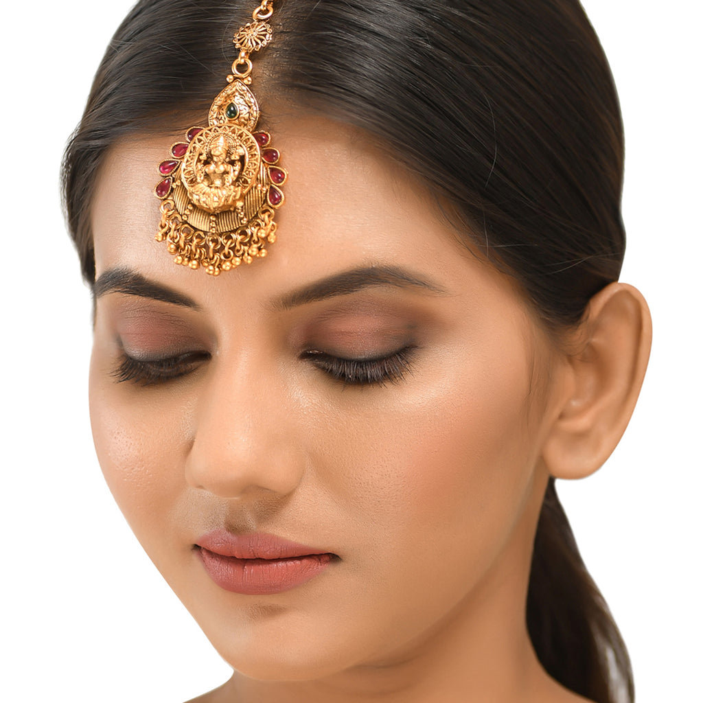 Teardrop Kundan Gems Goddess Lakshmi Motif Brass Gold Plated Maang Tik