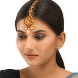 Opulent Temple Design Brass Faux Pearls and CZ Adorned Gold Plated Maang Tika