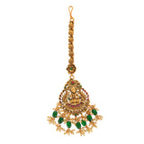 Faux Pearls Adorned Goddess Lakshmi Motif Brass Gold Plated Maang Tika