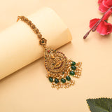 Faux Pearls Adorned Goddess Lakshmi Motif Brass Gold Plated Maang Tika