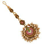 Ethnic Temple Design Faux Pearls Gold Plated Brass Maang Tika