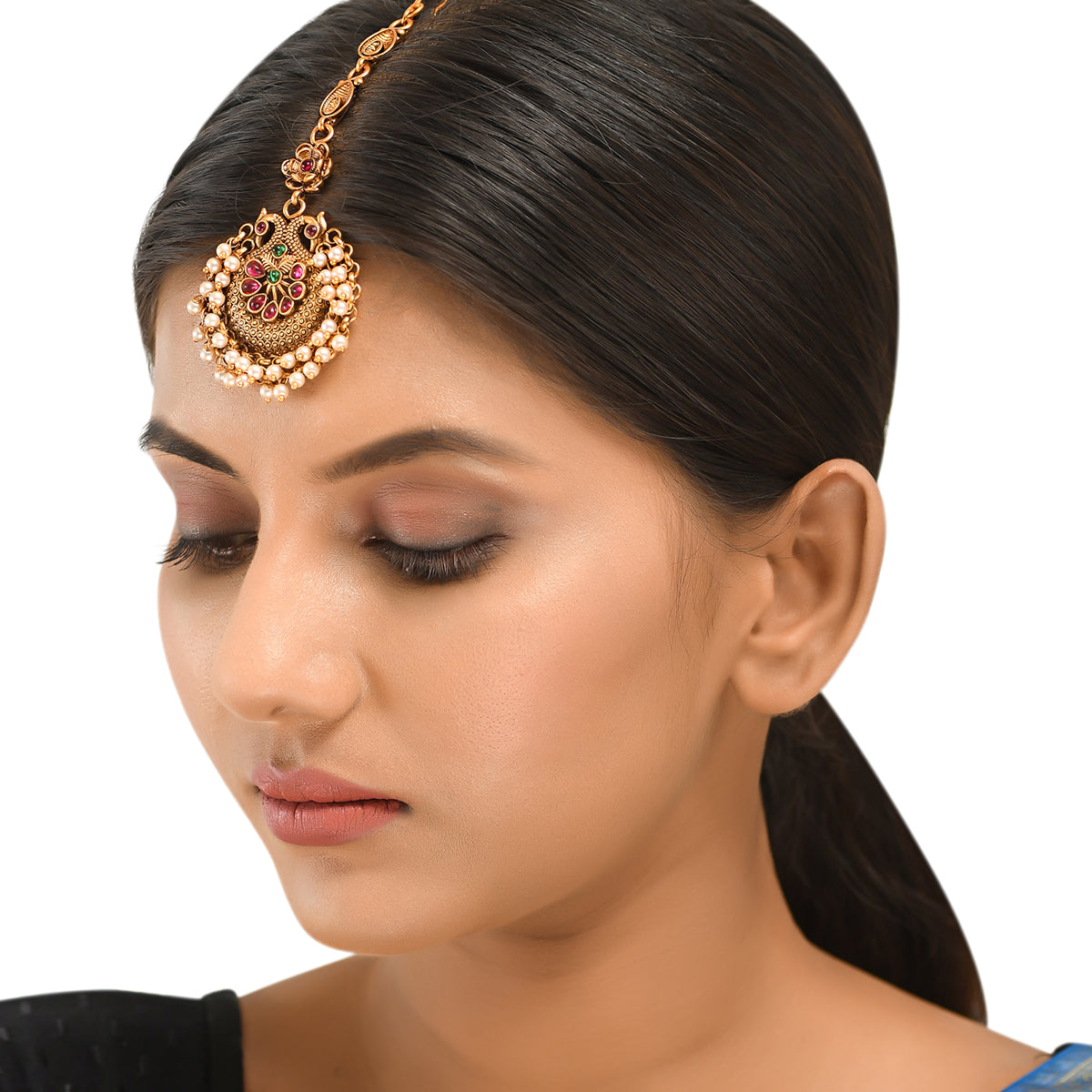 Ethnic Temple Design Faux Pearls Gold Plated Brass Maang Tika