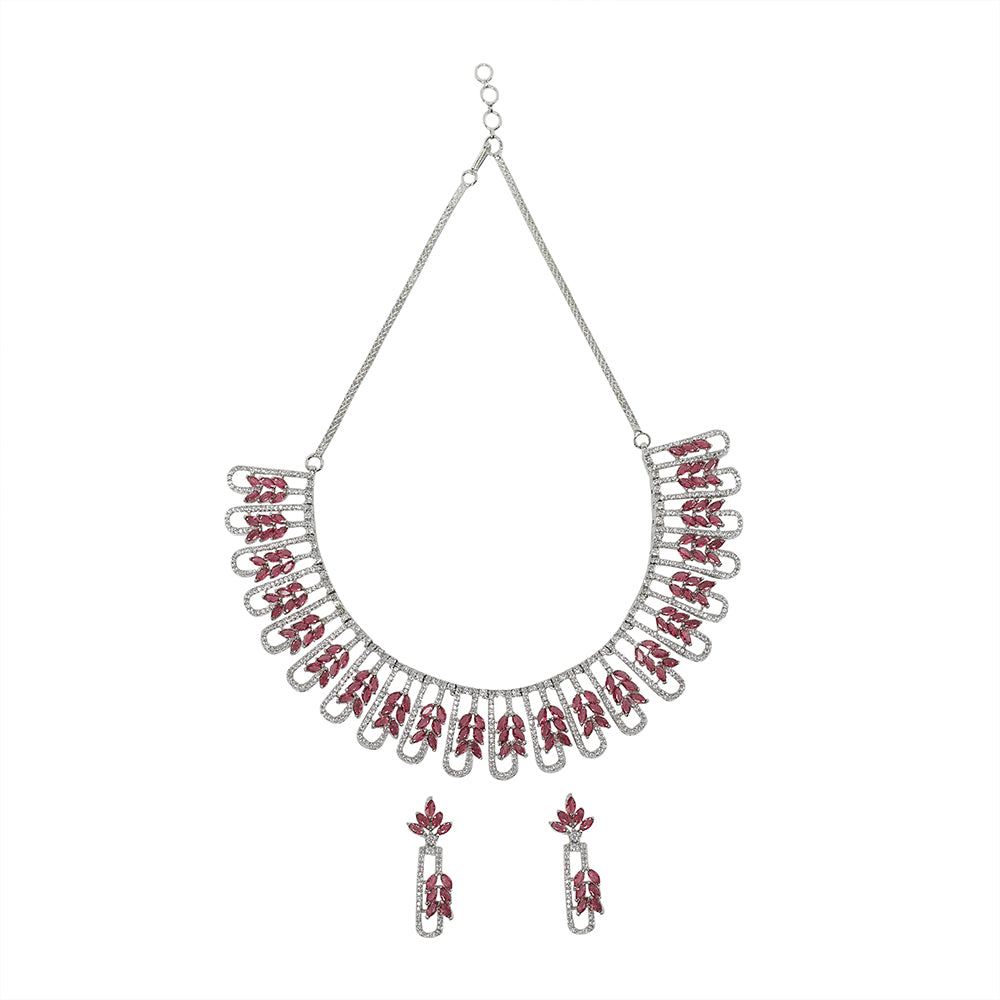 Red and White CZ Gems Silver Plated Necklace Set