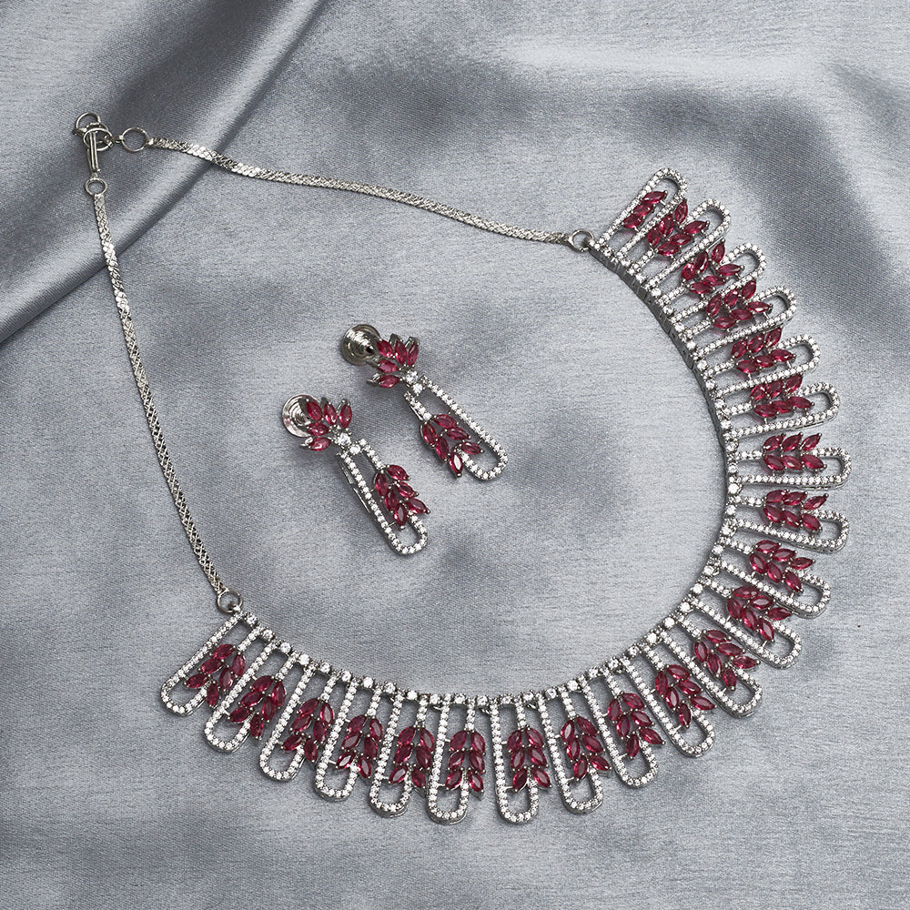 Red and White CZ Gems Silver Plated Necklace Set