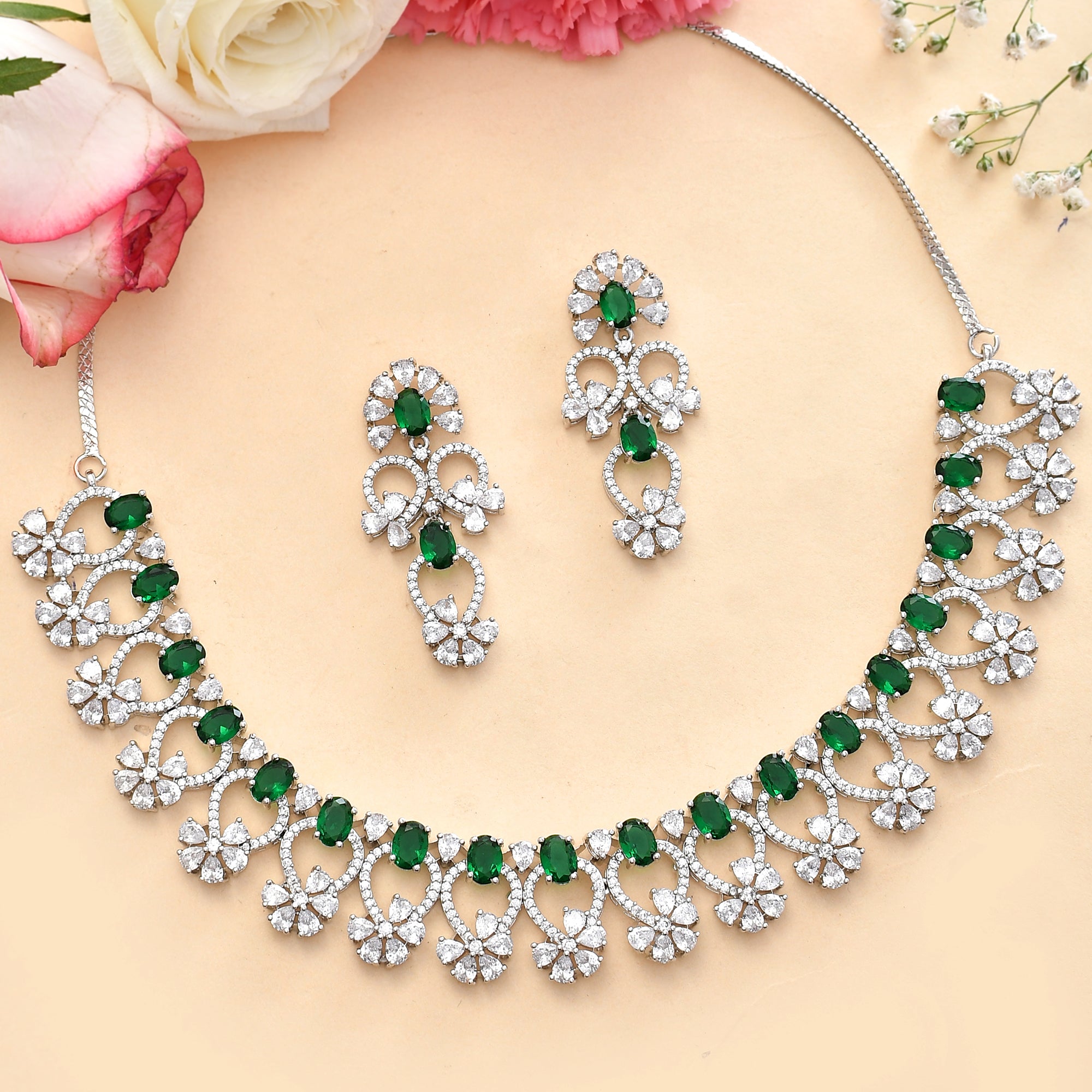 VOYLLA Heavily Embellished Brass Silver Plated Jewellery Set