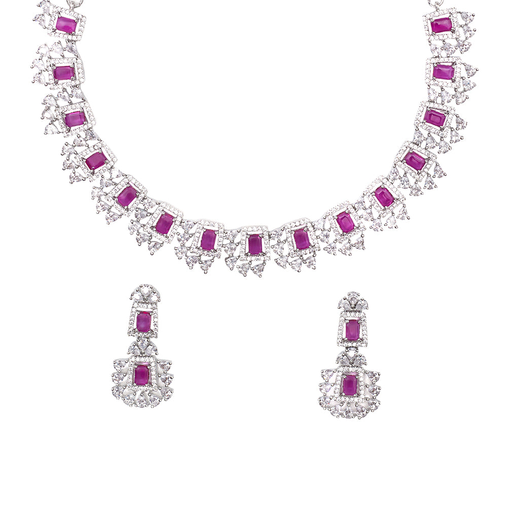 Rhodium Plated Cz Studded Necklace Set With Pink Stones