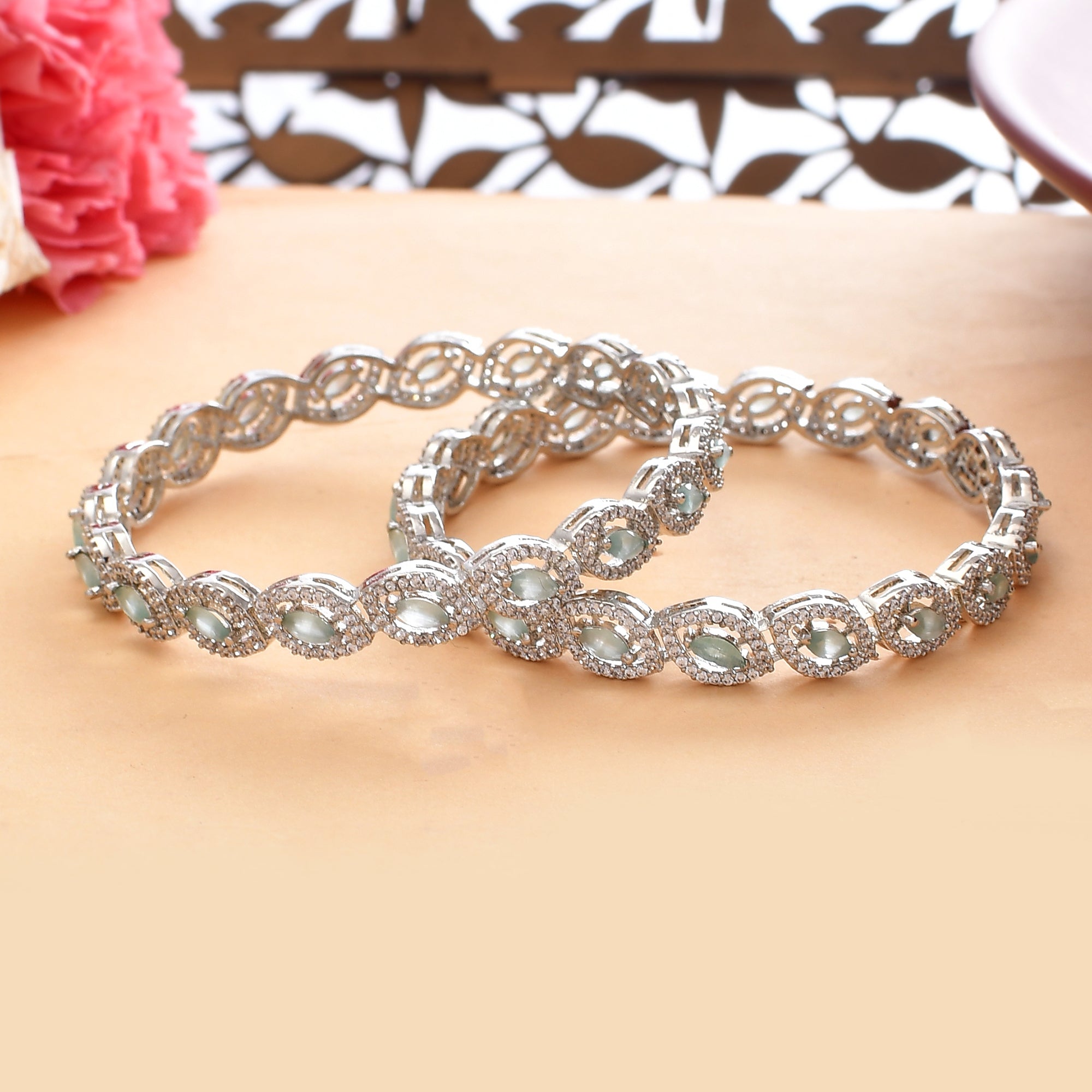 Cz Elegance Classy Pair Of Bangles In Silver Plating