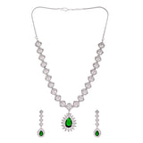 Silver Plated Teardrop Green and White Zircons Adorned Brass Jewellery Set