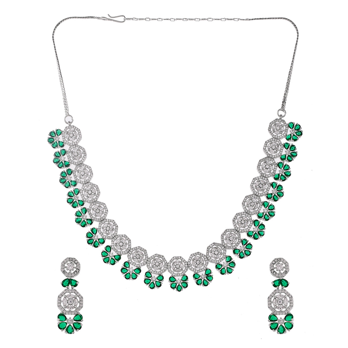 Round Cut CZ Embellished Brass Silver Plated Opulent Jewellery Set