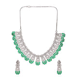 Green and White Triangle Cut CZ Adorned Brass Silver Plated Jewellery Set