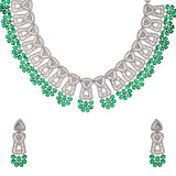 Green and White Triangle Cut CZ Adorned Brass Silver Plated Jewellery Set