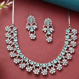 Floral Motifs Pink and White CZ Adorned Brass Silver Plated Jewellery Set