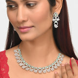 Floral Motifs Pink and White CZ Adorned Brass Silver Plated Jewellery Set