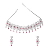 Brass Pink and White Cluster Setting Zircons Adorned Silver Plated Choker Jewellery Set