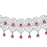 Brass Pink and White Cluster Setting Zircons Adorned Silver Plated Choker Jewellery Set