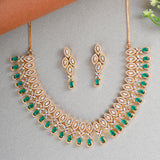 Opulent Green and White CZ Adorned Teardrop Gold Toned Brass Jewellery Set