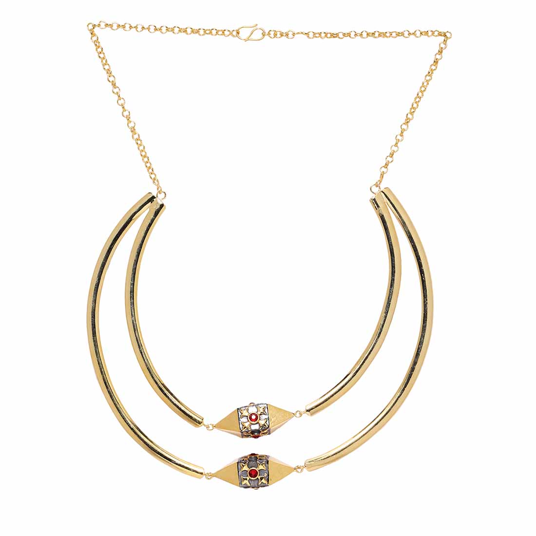 Gold Tone Red Stones Embellished Round Necklace