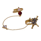 Red stone decked dual ring in unique geometric motif