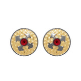 Red Stone Adorned Floral Motif Engraved Round Studs in Shining Black and Gold Finish