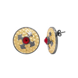 Red Stone Adorned Floral Motif Engraved Round Studs in Shining Black and Gold Finish